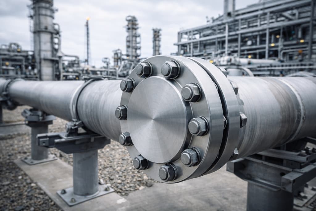 Industrial Piping System with Blind Flanges